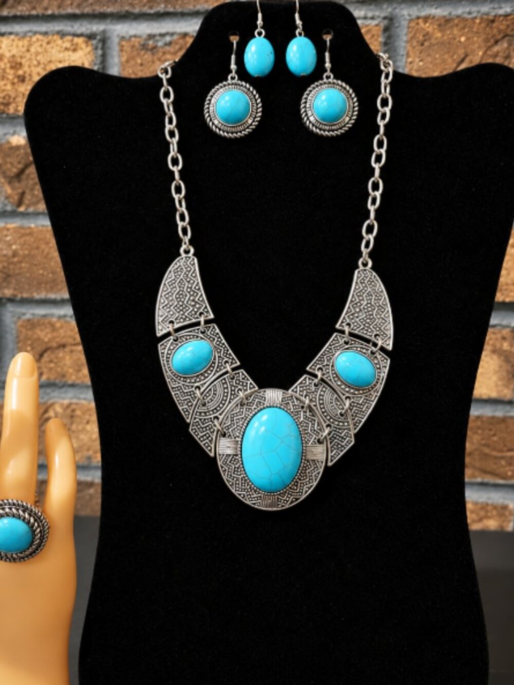 Silver Tone & Turquoise Color Stone Jewelry Set Necklace Ring 2 Sets of Earrings